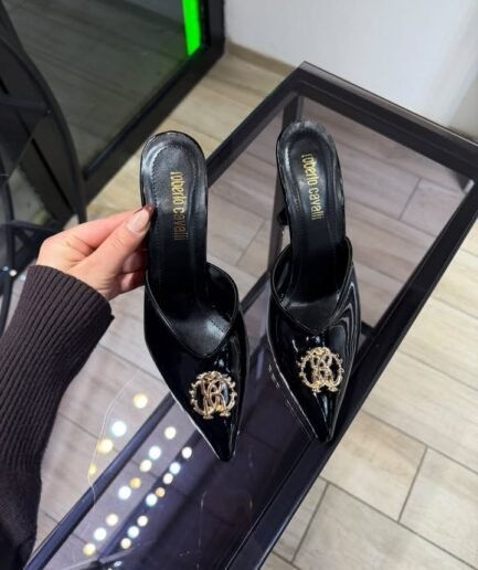 SHINY HEELED MULES